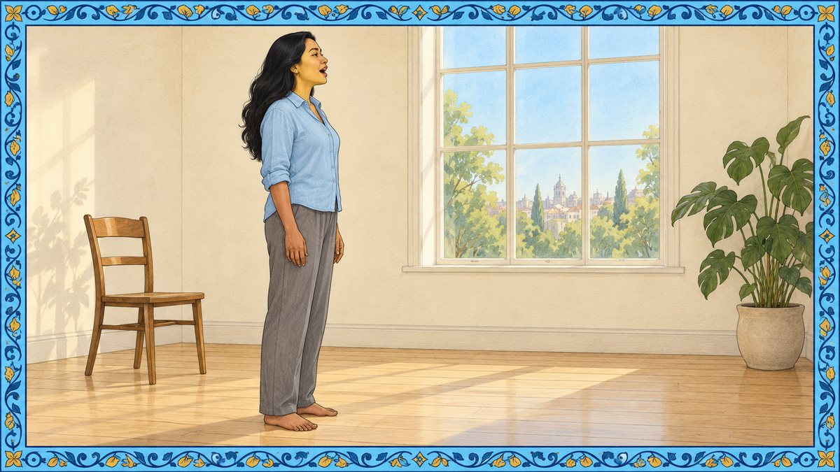 A barefoot singer stands with relaxed, level posture mid-note in a bright, calm studio