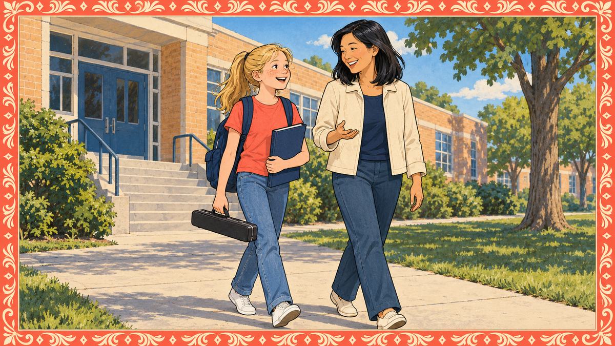 A girl walks home from school with her closed flute case and folder, chatting with her mother