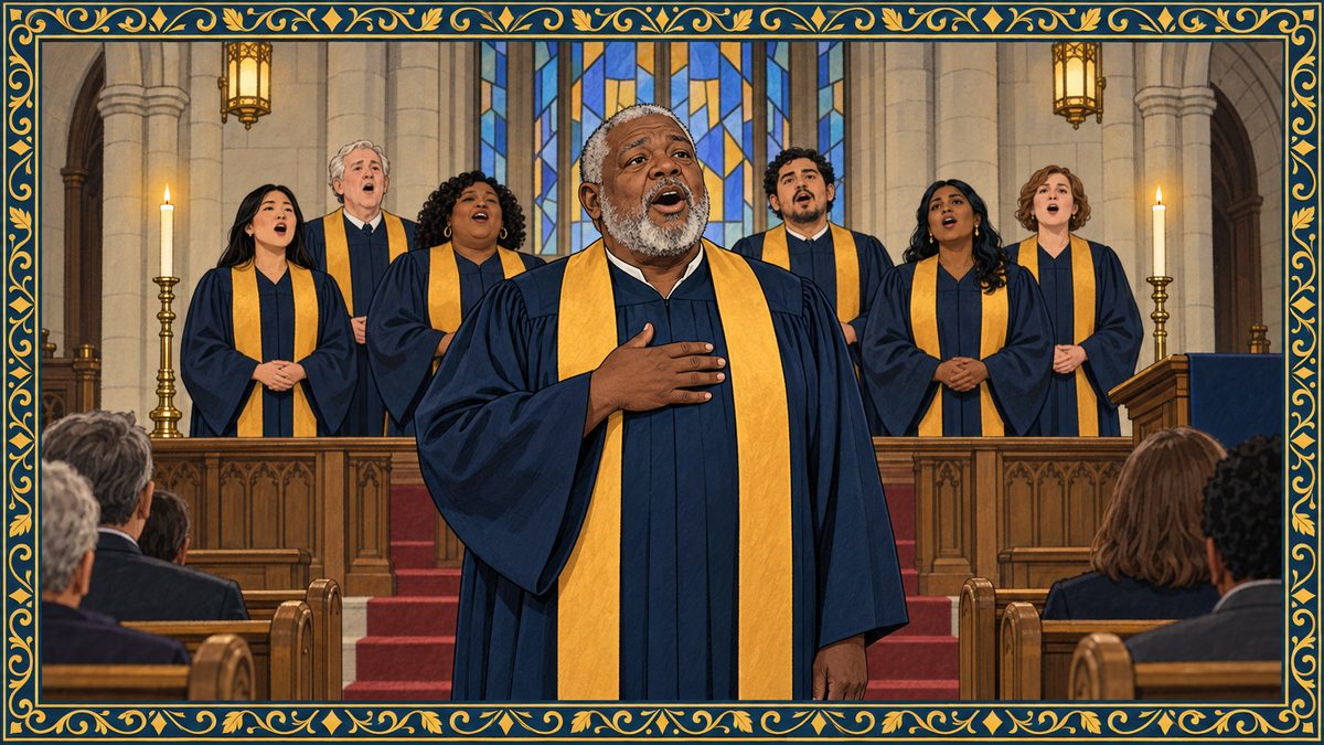 A robed soloist sings with a hand on his chest as a church choir sings behind him by candlelight
