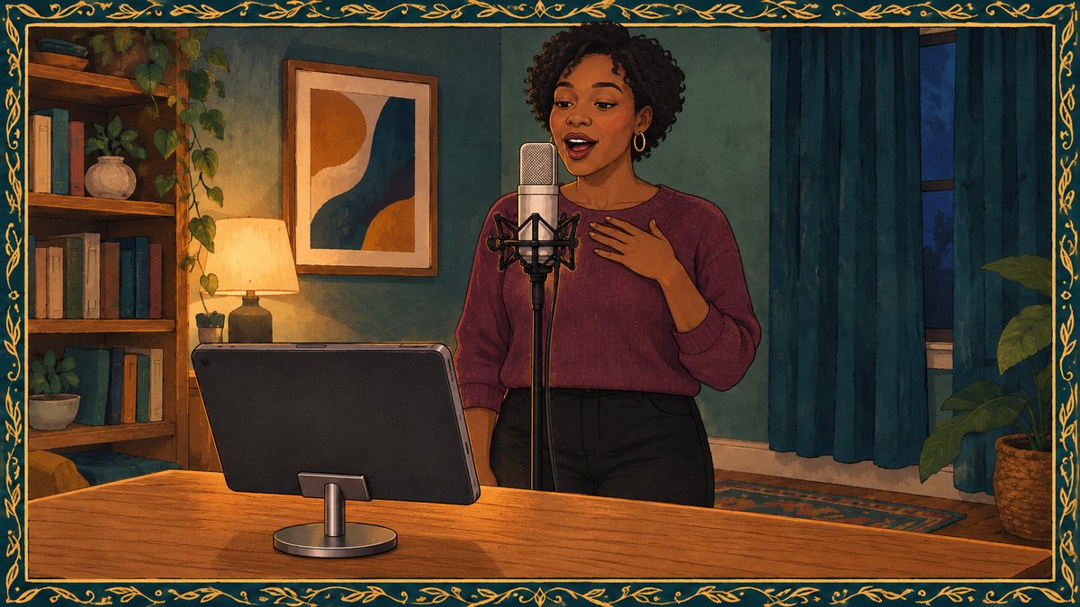 A woman sings into a studio microphone at home, recording her practice on a tablet on her desk