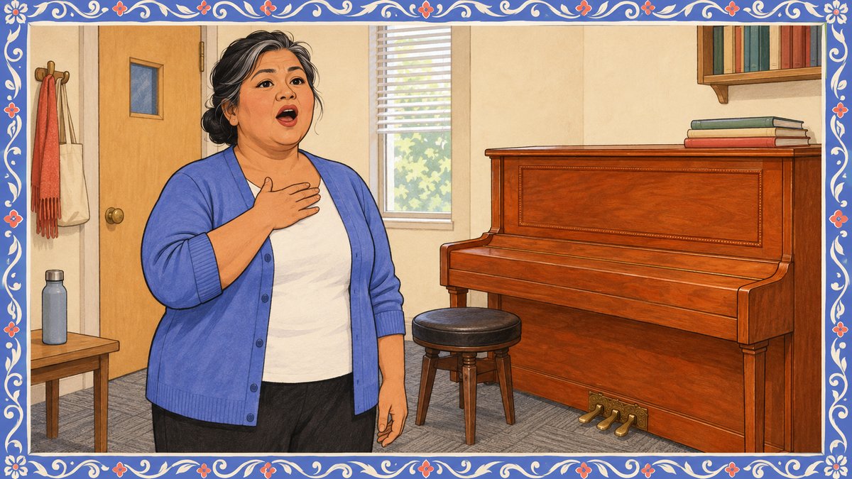A singer holds a long note with a hand on her chest in a practice room beside a closed upright piano