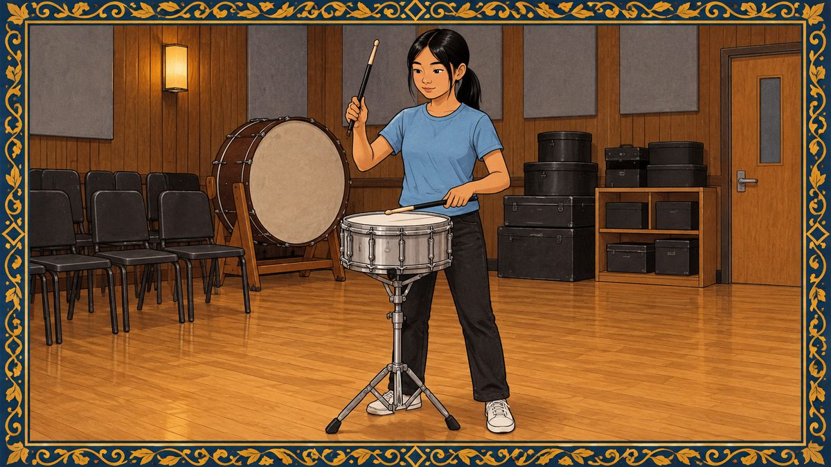 A teen practices a snare rudiment in a school percussion room beside a bass drum