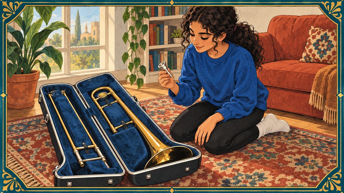 A girl kneels on a living room rug beside her open trombone case, holding the mouthpiece