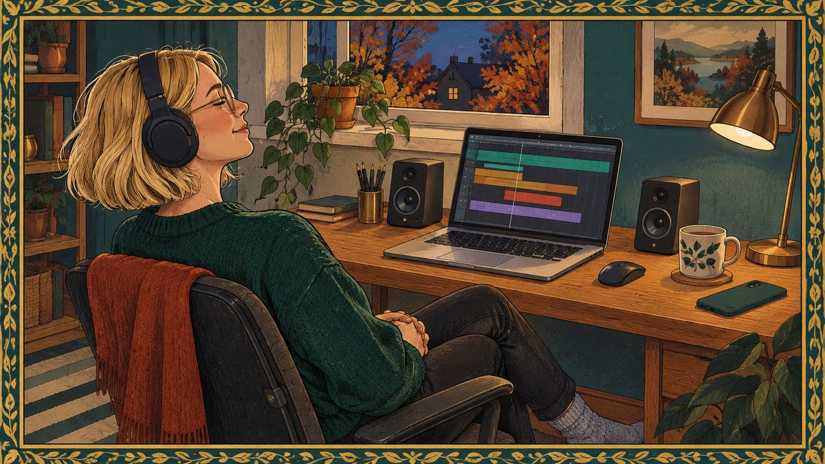 A producer in headphones leans back at her home studio desk, eyes closed, listening to her track