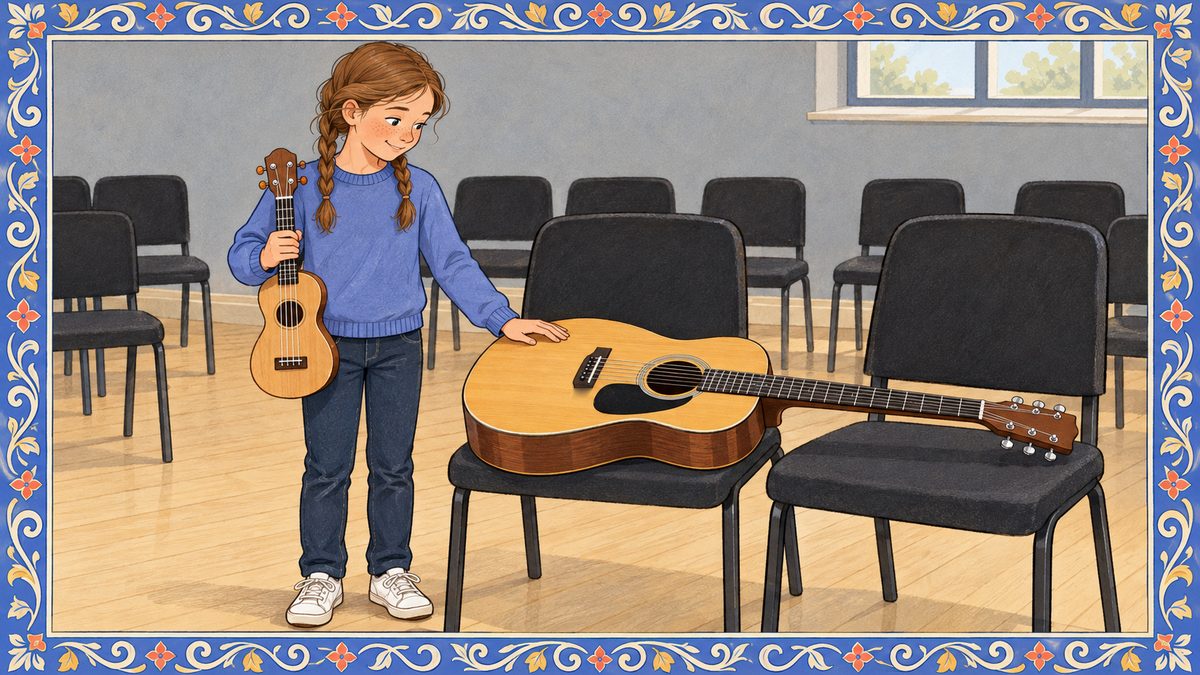 A girl holds a ukulele beside a full-size acoustic guitar lying across two chairs