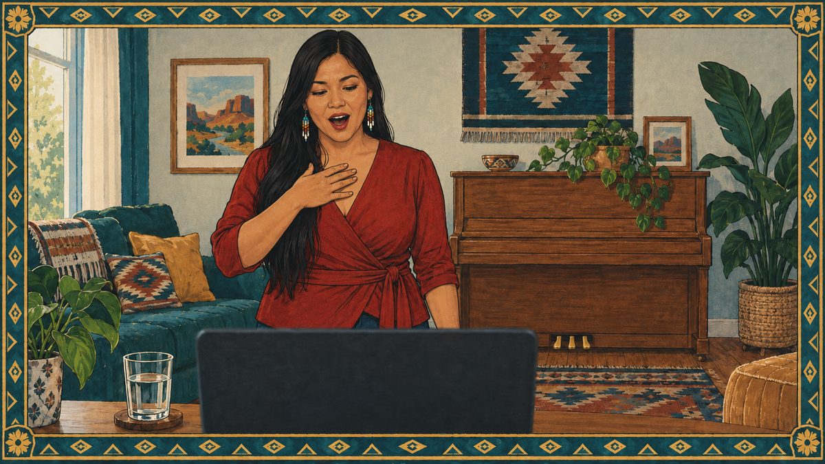 Illustration of a woman singing with a hand on her chest during an online voice lesson at home