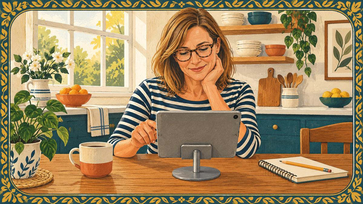 A woman at her kitchen table compares online music teachers on a tablet, coffee by her side